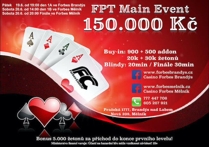 FPT Main Event: V Brandýse a Mělníku se v pátek a sobotu hraje o 150.000 Kč