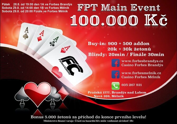 FPT Main Event: V Brandýse a Mělníku se v pátek a sobotu hraje o 100.000 Kč