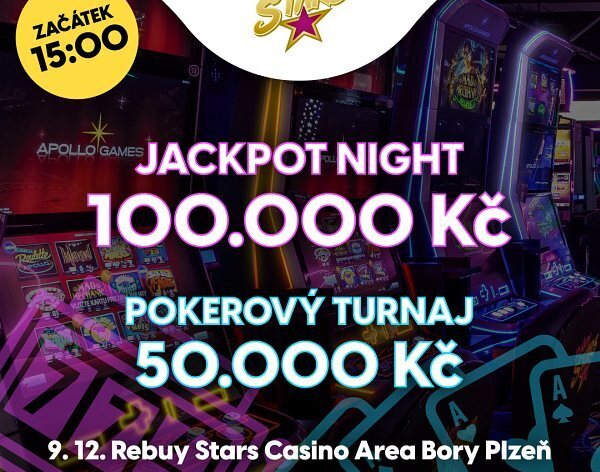 RS Area Bory Plzeň: Čtvrteční Jackpot Night s jackpoty 100K okořeněná pokerem o 50K už od 15:00 