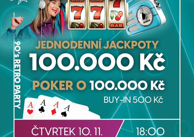 RS Plzeň Area Bory: Retro 90s Party s pokerem o 100K a jackpoty za 100K už ve čtvrtek
