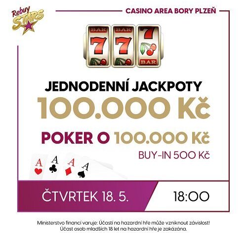 RS Plzeň: Čtvrteční Jackpot Night v Casinu Area Bory Plzeň s jackpoty 100K okořeněná pokerem o 100K
