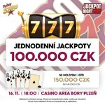 RS Plzeň: Jackpot Night v Casinu Area Bory s jackpoty za 100.000 Kč a pokerem o 150.000 Kč