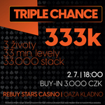 RS Kladno: Úterý ve znamení trojek! Garance 333.000 Kč! Bonus za set i poker trojek!