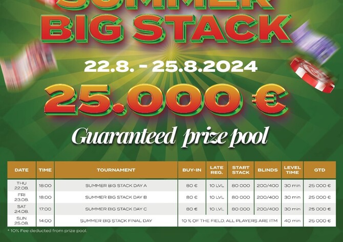 Hatě: Vícedenní Summer Big Stack €25K (625K czk) GTD už od čtvrtka