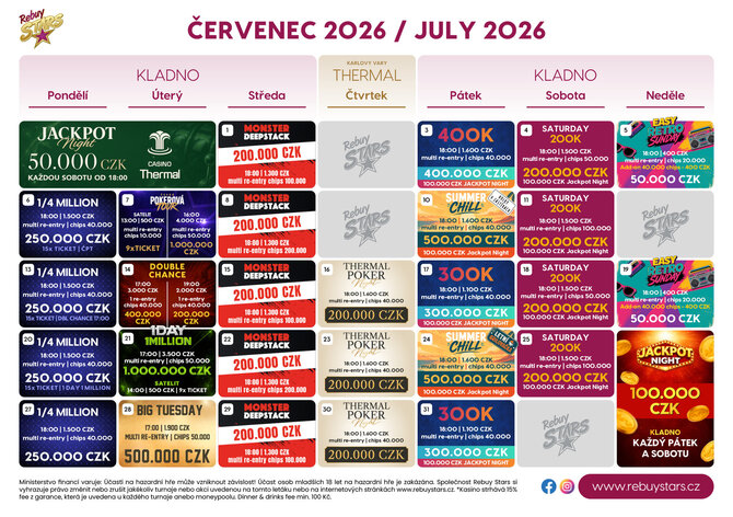 Rebuy Stars Kladno: Červenec v Oaze nabízí mohutnou celkovou garanci ve výši 8.000.000 Kč!
