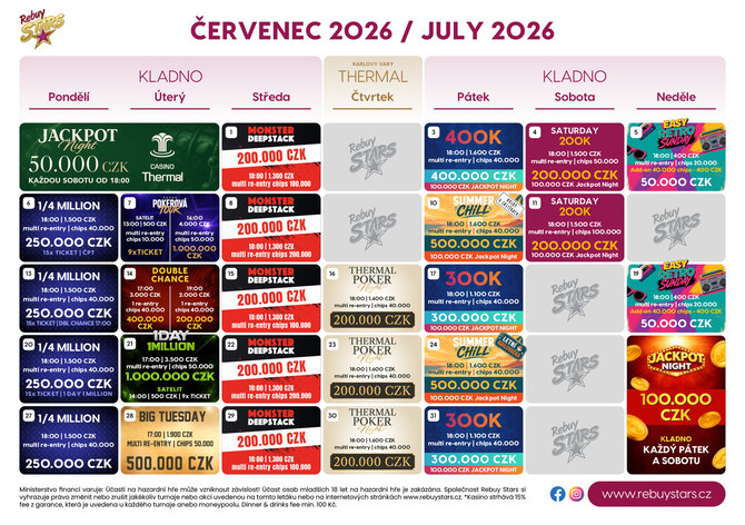 Rebuy Stars Kladno: Červenec v Oaze nabízí mohutnou celkovou garanci atakující hranici 8.000.000 Kč!