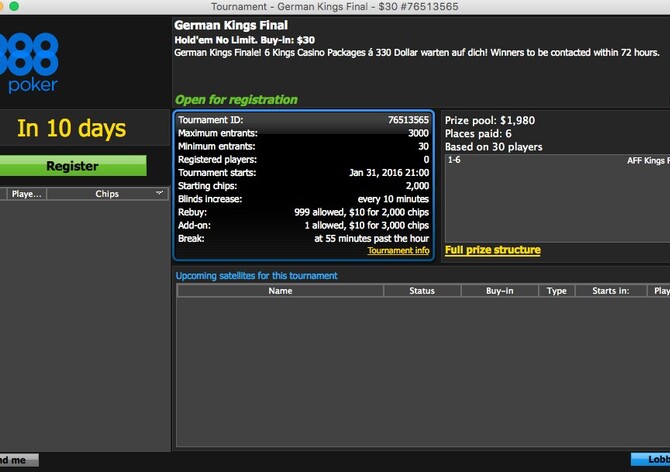 888: Vyhrajte jeden ze šesti balíčků v hodnotě €330 na "German Poker Days"
