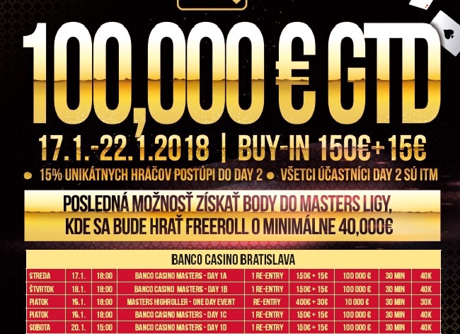 Poslední bodované Banco Casino Masters €100K GTD už příští týden